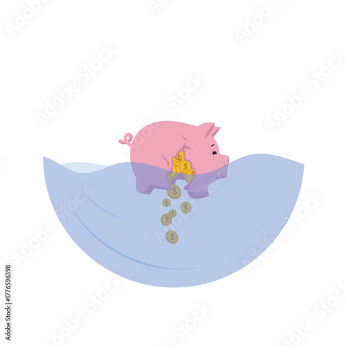 Piggy Bank Sinking in Water Representing Financial Debt and Bankruptcy Crisis Vector Illustration