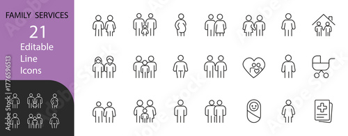 Family Services line icon set. Contains symbols for parents, children, baby care, and home support. Line vector design for healthcare, community, and family-related projects.
