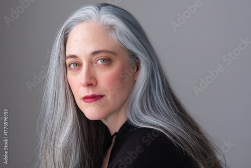 Elegant Mature Woman with Long Gray Hair and Thoughtful Expression.