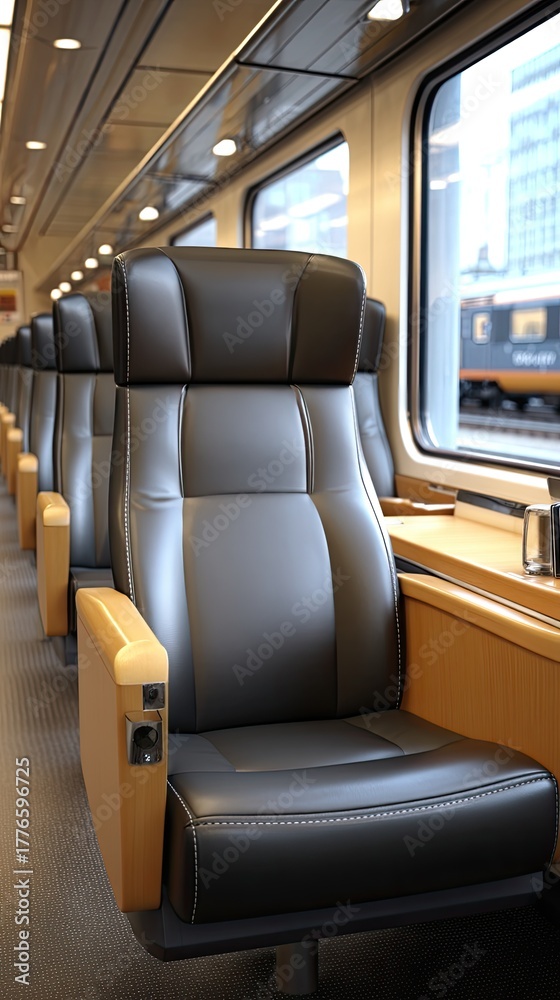 Fototapeta premium Warm leather seats and a wooden table create a cozy atmosphere in an inviting setting during a calm afternoon