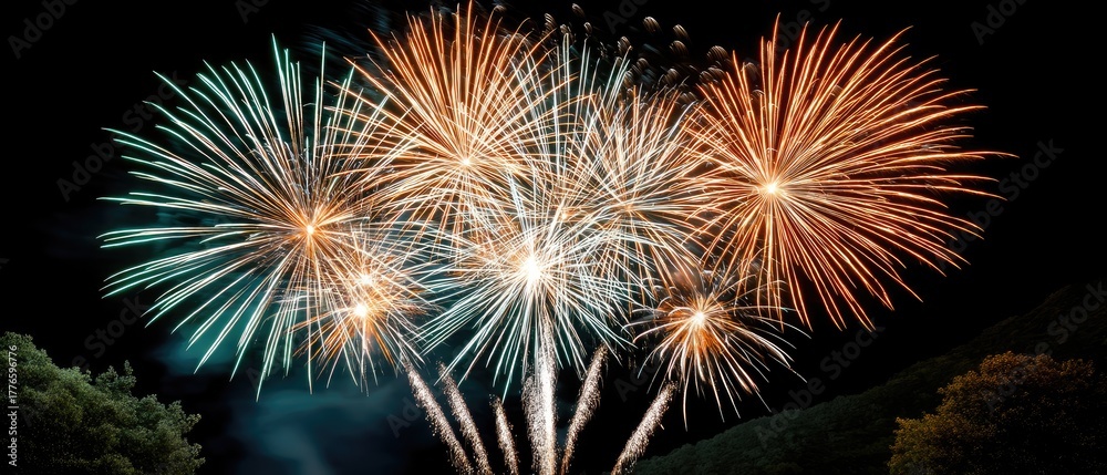 Fototapeta premium Bright and vibrant fireworks burst in the night sky, creating a dazzling display of colors and patterns that enchant the viewers