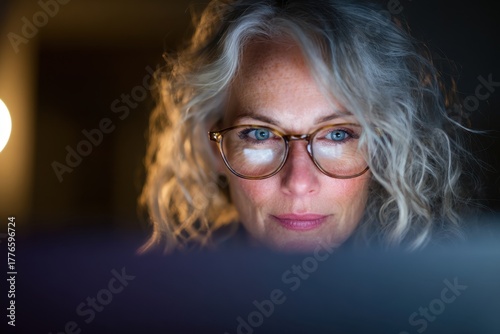 Focused Senior Woman with Glasses Working Late on Computer Screen.