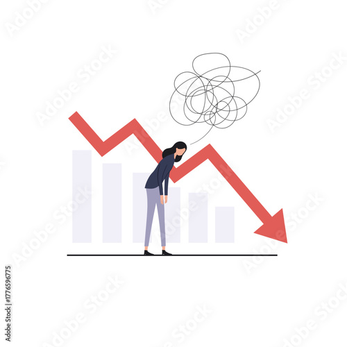 Sad Businessman Facing Financial Crisis and Company Loss with Falling Graph Vector Illustration