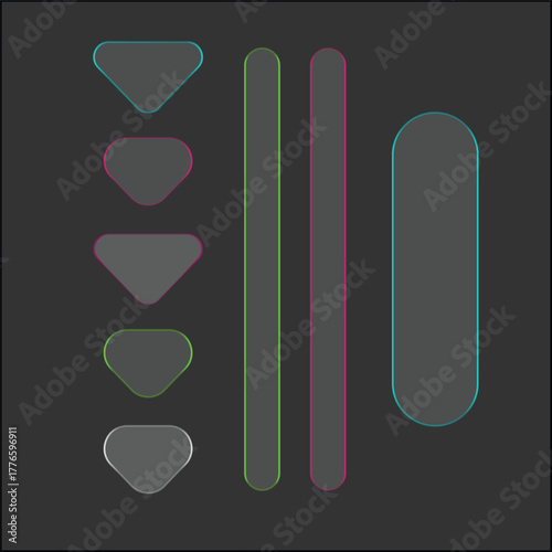 Abstract shapes with neon outlines. Vector outlines.Light frame liquid glass, glass panel set, tech board frame in futuristic style.