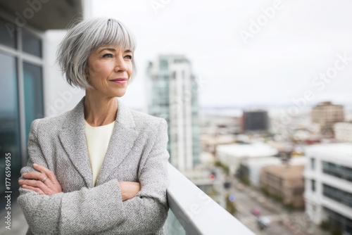 Confident Mature Woman in Gray Jacket Overlooking Urban Cityscape from Balcony.
