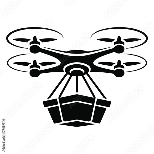 Vector black silhouette of a drone carrying a package, isolated on white background