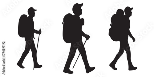 Set and bundle silhouette art vector design hikers walking isolated on white