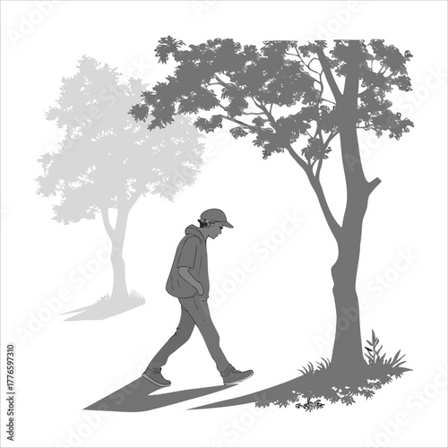 Minimalist vector illustration of a person walking under a tree with soft shadows and natural tones, peaceful nature scene in grayscale silhouette style.