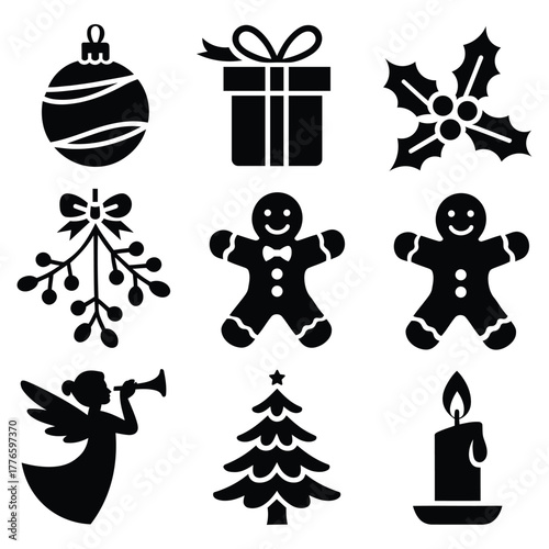 set of 9 black christmas and holiday icons including ornament, gift, holly, mistletoe, gingerbread man, angel, tree, candle silhouette