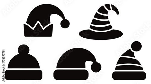 set of five black winter and holiday hat silhouettes including santa hat, beanie, striped cap, jester crown, and wizard style design