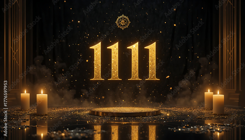 Naklejka premium Mystical golden 1111 numerology symbol with candles and smoke in a dark ornate setting evoking spirituality and manifestation