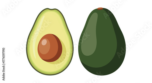 Illustration of Two Avocados, One Whole and One Cut in Half.