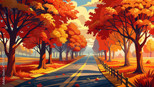 Very beautiful autumn scene of a country lane lined with trees displaying vibrant red foliage, illuminated by warm sunlight, capturing the essence of a crisp and colorful fall day.