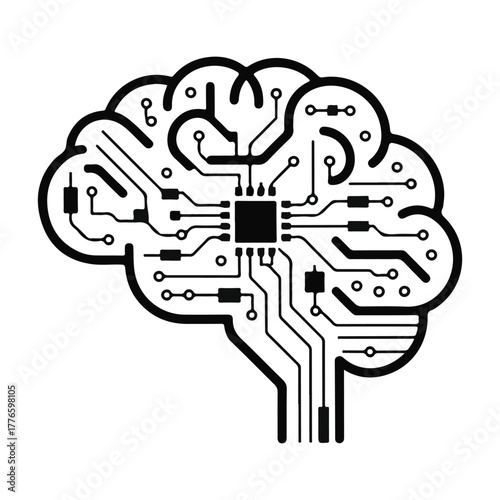 Vector stylized black outline of a human brain made of electronic circuit board components, isolated on white background
