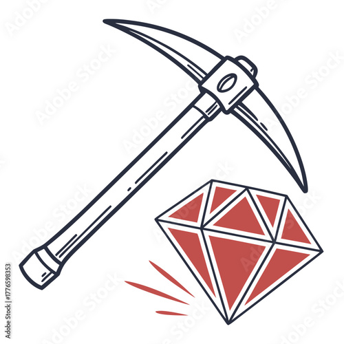 A pickaxe rests near a sparkling red diamond, symbolizing mining and the extraction of valuable resources