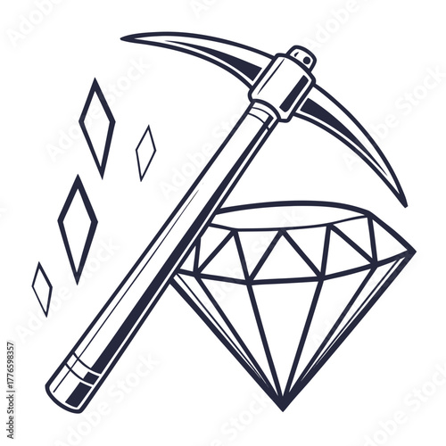 Black and white illustration of a pickaxe resting on a diamond, , symbolizing mining