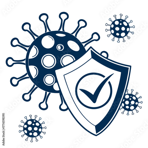Immune system vector logo concept, shield and virus cells protection against virus