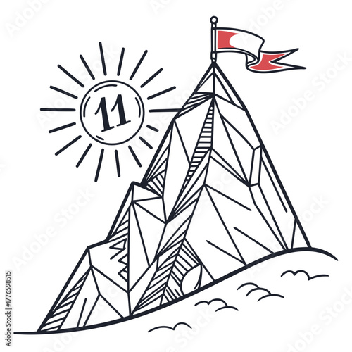 Illustration of a mountain with a flag on top, sun with number 11