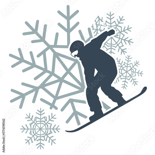 Silhouette of a snowboarder in front of a snowflake for winter sports