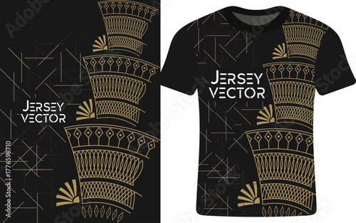 Stylish Black and Gold Abstract T-Shirt Design with Geometric Motifs, Maori inspired Jersey dress, Polynesian Jersey design.