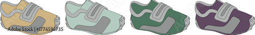 A collection of four distinctively colored and stylized athletic shoes, each showcasing a unique pattern and design for varied fashion preferences