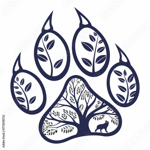 Bear paw print with a tree and a wolf inside, a nature and animal concept