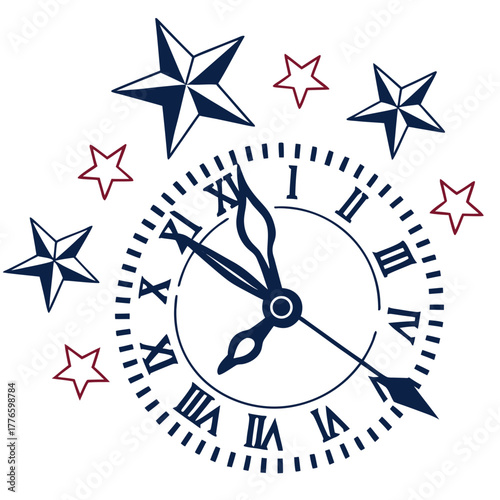 Illustration of clock with stars around it, representing time passing