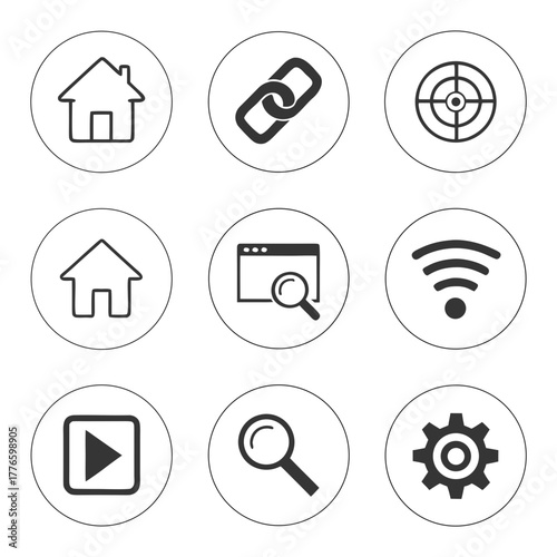 Set of simple line icons in circles representing various functions and settings