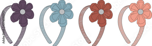 Vector illustration of four cute flower headbands in various colors, a fashion accessory set for hairstyling
