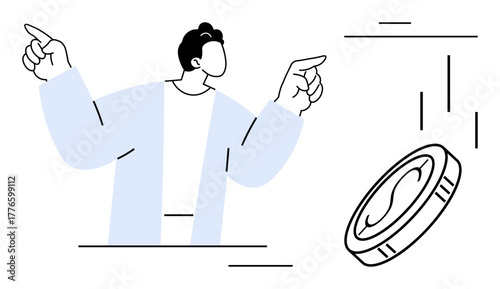 Person gestures toward a spinning coin, representing choices, risk, or financial focus. Ideal for finance, business strategy, investments, opportunity, decision-making risk management and economy