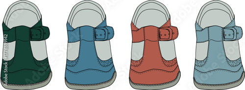 Colorful collection of classic toddler shoes with buckle straps. Vector illustration set of children's first walker footwear in various colors