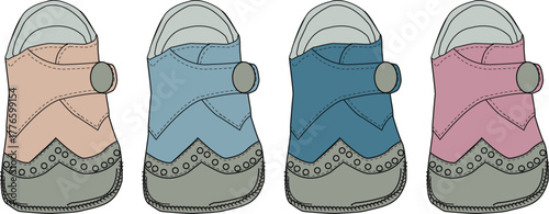 Colorful assortment of illustrated children's soft shoes, a set of four baby booties in various pastel hues on a white background