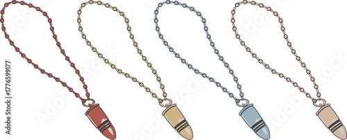 Four Bullet-Shaped Necklaces With Different Colored Beads and Pendants