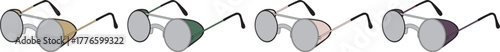 Conceptual illustration of modern eyewear featuring a set of four round spectacles with multi-colored arms, representing fashion choice and optical style