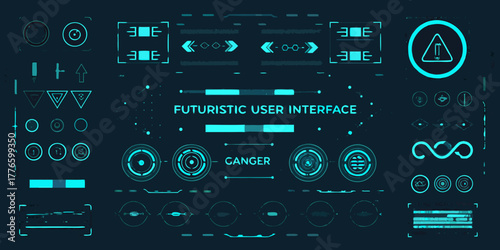 Futuristic user interface with cyan neon elements and digital data displays on dark background
