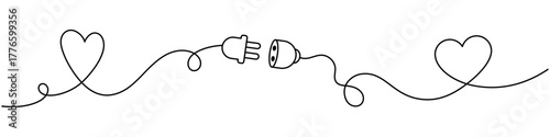 Two hearts connected by electric plug and socket in one continuous line. Minimalistic outline illustration symbolizing love, connection, energy, relationship, romance, and unity concept for design