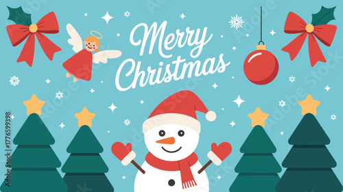 merry christmas festive illustration — snowman with santa hat and mittens, decorated trees, bows, ornament, angel, snowflakes, holiday greeting