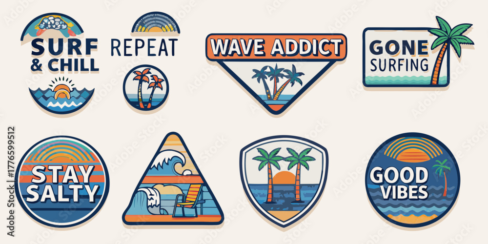 Naklejka premium Collection of retro style surf beach vacation patches with palm trees and ocean waves