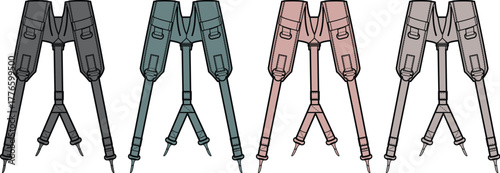 Set of four abstract futuristic stand illustrations in distinct color palettes, showcasing sleek geometric design elements ideal for technology, graphic, or science fiction-themed projects