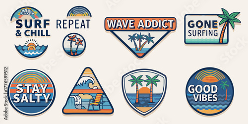 Collection of retro style surf beach vacation patches with palm trees and ocean waves
