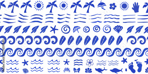 Collection of blue hand drawn summer beach icons and symbols on a white background