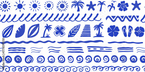 Collection of blue hand drawn summer vacation icons and decorative elements on white background