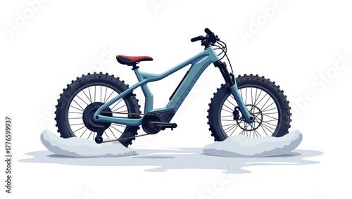 Electric bike with snow tires on white background with snow piles, concept of winter transport and eco mobility