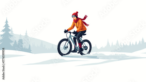 Smiling cyclist in red scarf rides bike with snow tires on winter forest road, concept of joyful recreation in cold nature
