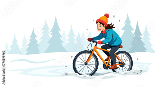 Happy girl in red hat rides orange bike with snow tires through winter forest, concept of fun and outdoor activity