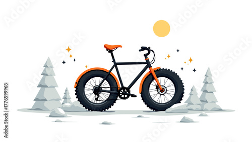 Fat bike with snow tires under winter sun among fir trees, concept of outdoor adventure and cold landscape travel
