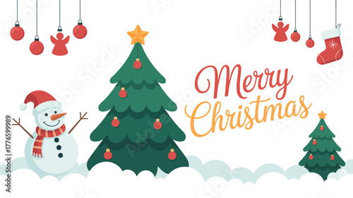merry christmas festive illustration — snowman with santa hat, decorated trees, ornaments, bows, stocking, snow clouds, holiday greeting