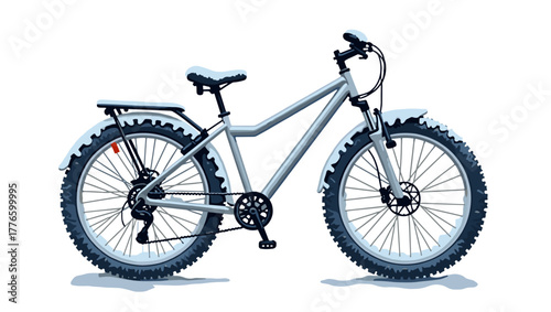 Mountain bike with snow tires close-up on white snow background, concept of endurance and eco winter transport