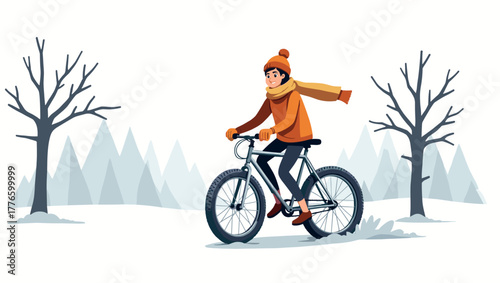 Young man in orange scarf rides bike with snow tires through snowy park, concept of winter recreation and active lifestyle