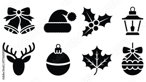 christmas silhouette icon set — festive black vector illustrations including santa hat, holly, bells, reindeer, ornaments, lantern, maple leaf